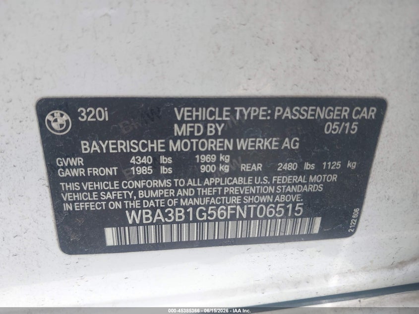 2015 BMW 3er VIN WBA3B1G56FNT06515 IAAI salvage auction — LEFT FRONT, Rebuildable (Florida), sold $1,050 on 2026-07-30 (photo 9)