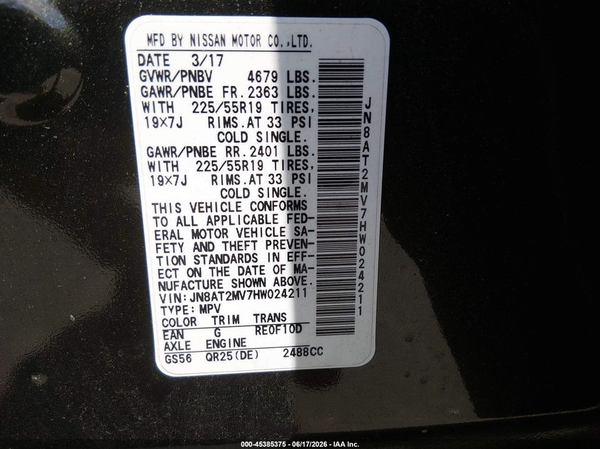 2017 Nissan Rogue VIN JN8AT2MV7HW024211 IAAI salvage auction — FRONT & REAR, Salvage Title, sold $1,325 on 2026-07-09 (photo 9)