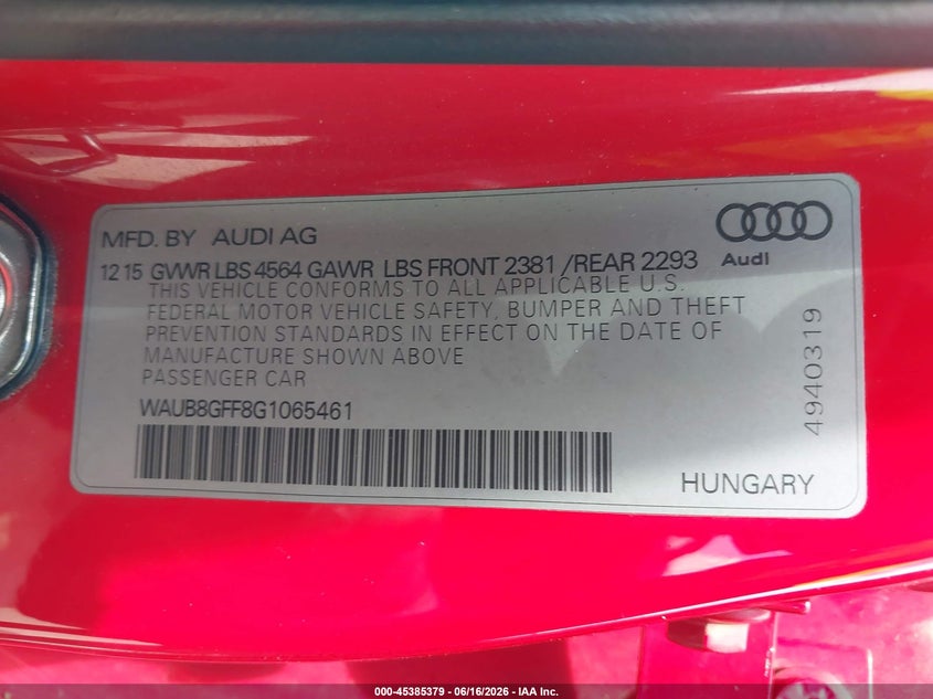2016 Audi A3 VIN WAUB8GFF8G1065461 IAAI salvage auction — RIGHT SIDE, Salvage (Pennsylvania), sold $1,325 on 2026-07-14 (photo 9)