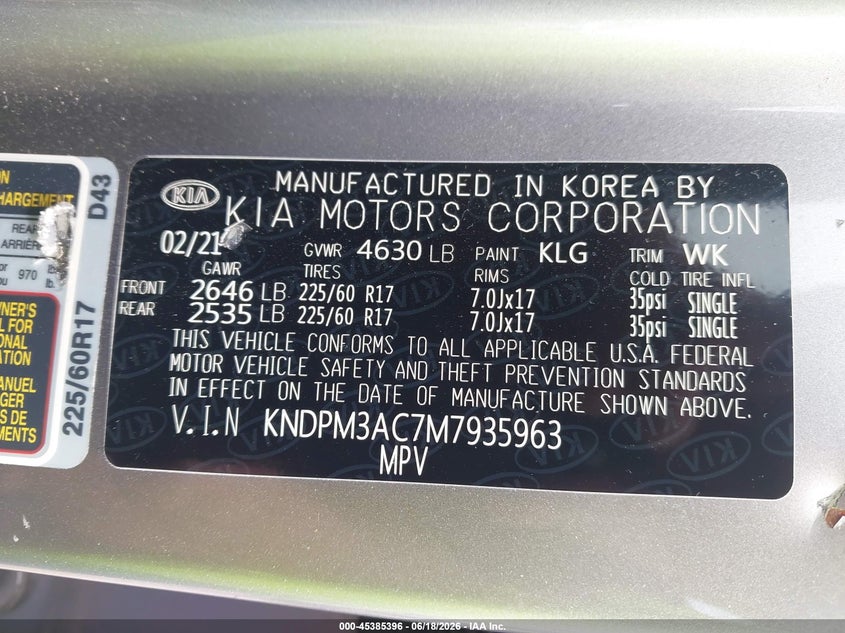 2021 Kia Sportage VIN KNDPM3AC7M7935963 IAAI salvage auction — STORM DAMAGE, Salvage (Indiana), sold $2,050 on 2026-07-28 (photo 9)