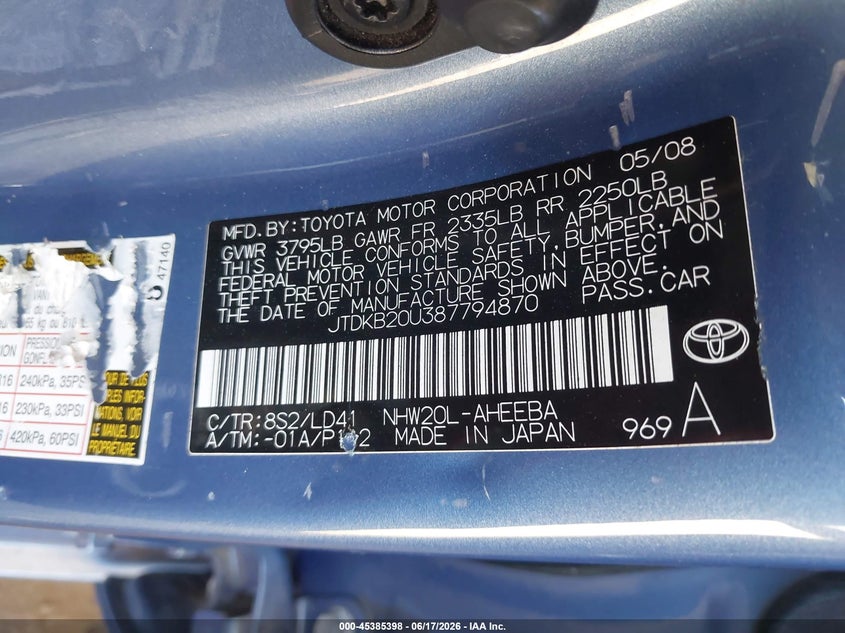 2008 Toyota Prius VIN JTDKB20U387794870 IAAI salvage auction — FRONT END, Salvage (Arizona), sold $1,600 on 2026-07-14 (photo 9)