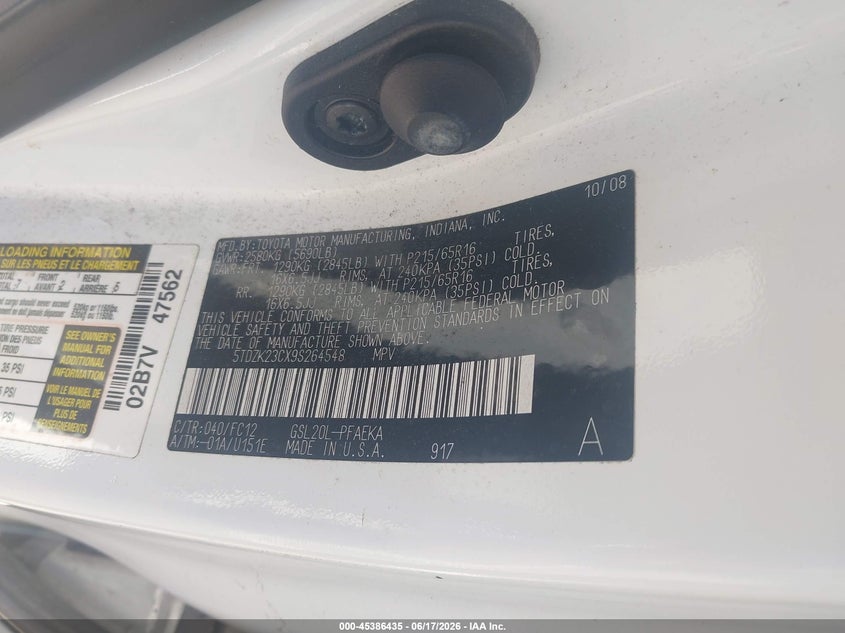 2009 Toyota Sienna VIN 5TDZK23CX9S264548 IAAI salvage auction — FRONT END, Salvage (Indiana), sold $1,050 on 2026-07-31 (photo 9)