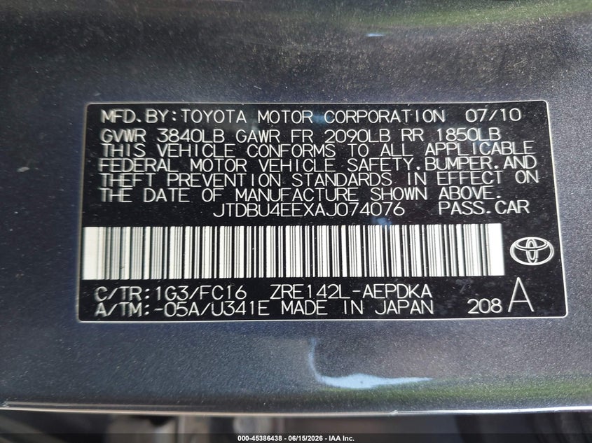 2010 Toyota Corolla VIN JTDBU4EEXAJ074076 IAAI salvage auction — FRONT & REAR, Salvage (Ohio), sold $1,375 on 2026-07-16 (photo 9)