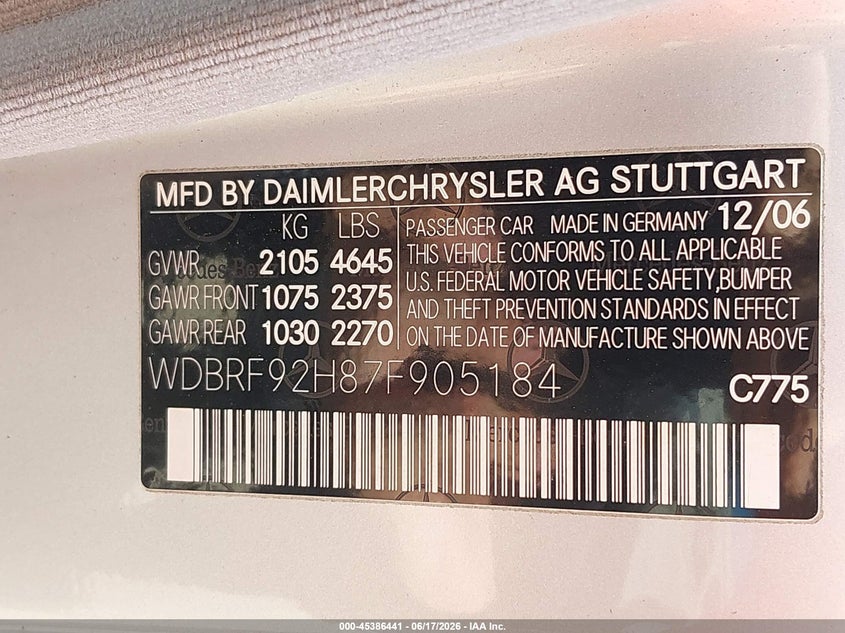 2007 Mercedes-benz C class VIN WDBRF92H87F905184 IAAI salvage auction — FRONT END, Salvage (Idaho), sold $400 on 2026-07-07 (photo 9)