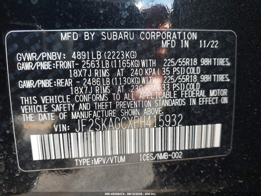 2023 Subaru Forester VIN JF2SKAGCXPH415932 IAAI salvage auction — RIGHT SIDE, Salvage (Michigan), sold $5,300 on 2026-07-27 (photo 9)