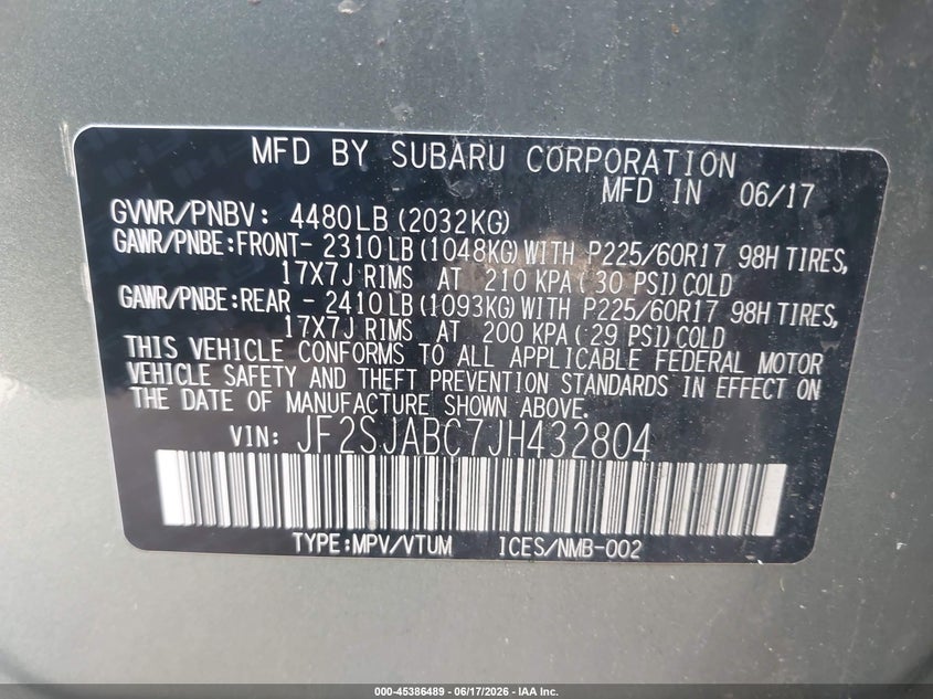 2018 Subaru Forester VIN JF2SJABC7JH432804 IAAI salvage auction — FRONT END, Salvage (Massachusetts), sold $1,625 on 2026-07-31 (photo 9)