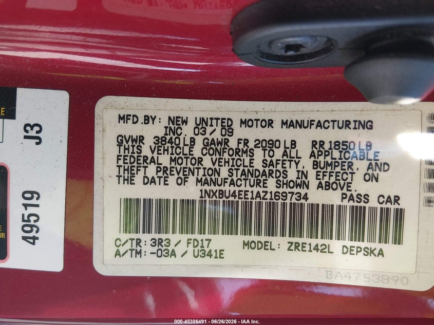 2010 Toyota Corolla VIN 1NXBU4EE1AZ169734 IAAI salvage auction — NORMAL WEAR, Clear (California), sold $875 on 2026-07-09 (photo 9)