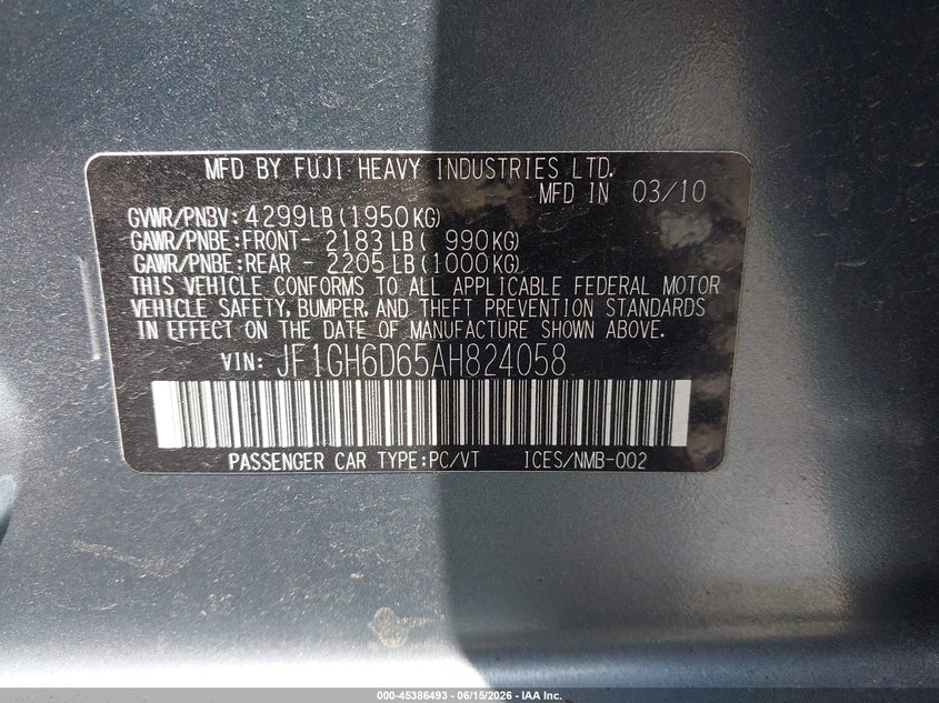 2010 Subaru Impreza VIN JF1GH6D65AH824058 IAAI salvage auction — LEFT FRONT, Salvage (Rhode Island), sold $25 on 2026-07-28 (photo 9)