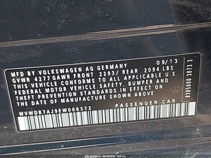 2014 Volkswagen Golf VIN WVWDB7AJ9EW008372 IAAI salvage auction — LEFT SIDE, Salvage (California), sold $800 on 2026-07-08 (photo 9)