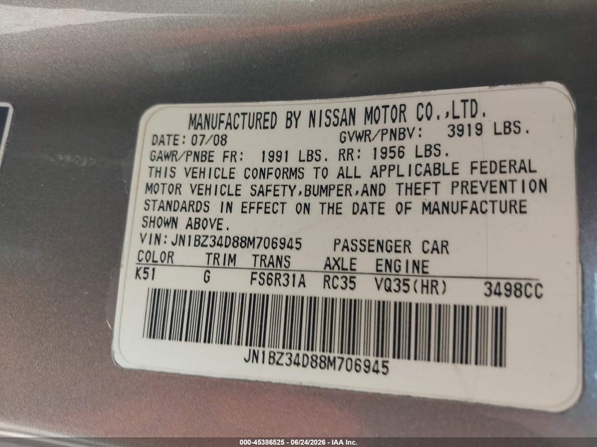 2008 Nissan 350z VIN JN1BZ34D88M706945 IAAI salvage auction — FRONT END, Original (Texas), sold $1,350 on 2026-07-14 (photo 9)