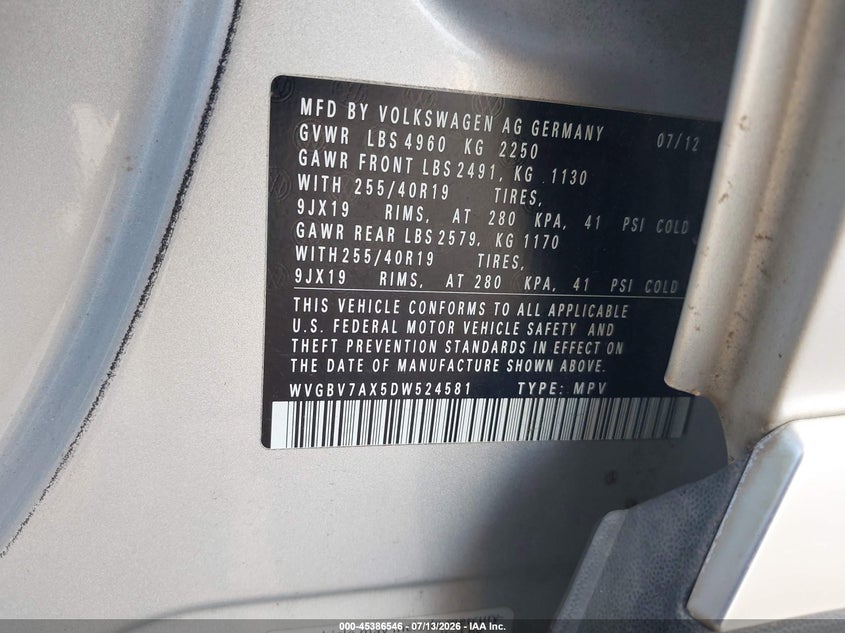 2013 Volkswagen Tiguan VIN WVGBV7AX5DW524581 IAAI salvage auction — FRONT END, Salvage (Virginia), sold $1,250 on 2026-08-11 (photo 9)