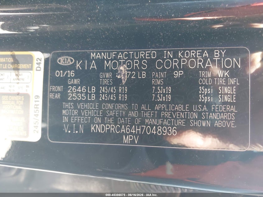 2017 Kia Sportage VIN KNDPRCA64H7048936 IAAI salvage auction — LEFT FRONT, Salvage (Massachusetts), sold $2,200 on 2026-07-24 (photo 9)