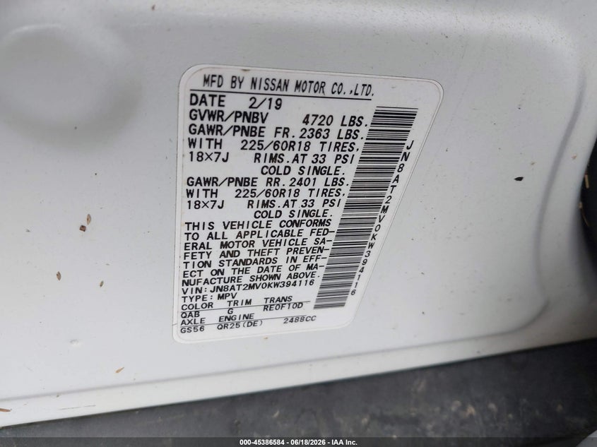 2019 Nissan Rogue VIN JN8AT2MV0KW394116 IAAI salvage auction — FRONT END, Mv-907A (New York), sold $3,550 on 2026-07-28 (photo 9)