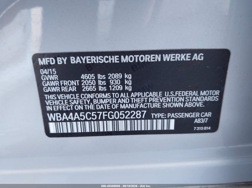 2015 BMW 4er VIN WBA4A5C57FG052287 IAAI salvage auction — LEFT & RIGHT, Salvage Title, sold $3,250 on 2026-07-26 (photo 9)