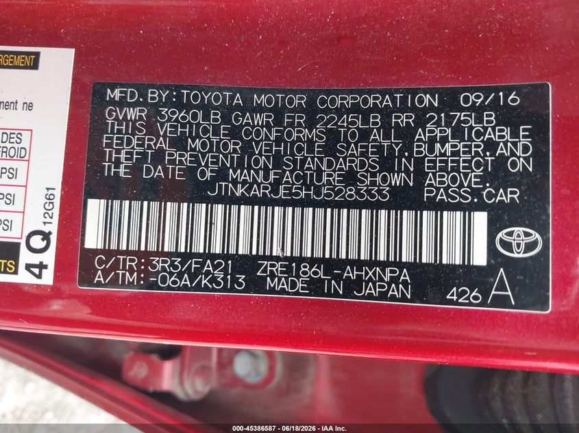 2017 Toyota Corolla VIN JTNKARJE5HJ528333 IAAI salvage auction — LEFT FRONT, Mv-907A (New York), sold $2,500 on 2026-07-24 (photo 9)