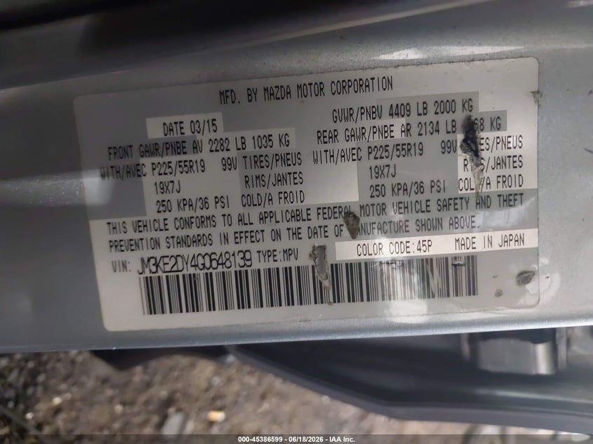 2016 Mazda Cx-5 VIN JM3KE2DY4G0648139 IAAI salvage auction — FRONT END, Salvage (Virginia), sold $4,925 on 2026-07-24 (photo 9)
