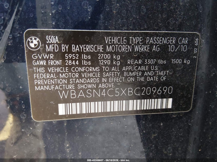 2011 BMW 5 series VIN WBASN4C5XBC209690 IAAI salvage auction — NORMAL WEAR, Clear (Nevada), sold $950 on 2026-07-23 (photo 9)