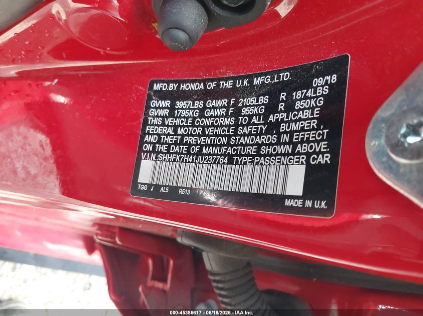2018 Honda Civic VIN SHHFK7H41JU237764 IAAI salvage auction — FRONT END, Salvage (Idaho), sold $2,250 on 2026-07-20 (photo 9)