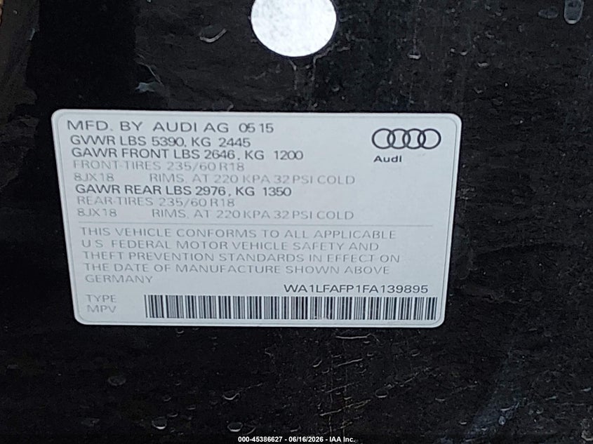 2015 Audi Q5 VIN WA1LFAFP1FA139895 IAAI salvage auction — REAR END, Salvage (Arizona), sold $2,250 on 2026-07-28 (photo 9)