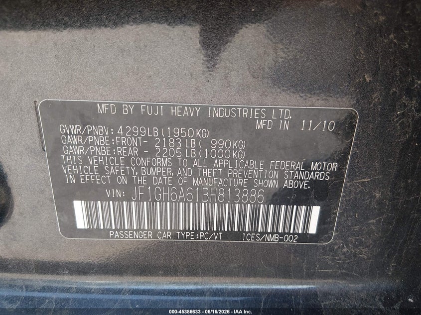 2011 Subaru Impreza VIN JF1GH6A61BH813886 IAAI salvage auction — EXTERIOR BURN, Salvage (Ohio), sold $300 on 2026-07-07 (photo 9)