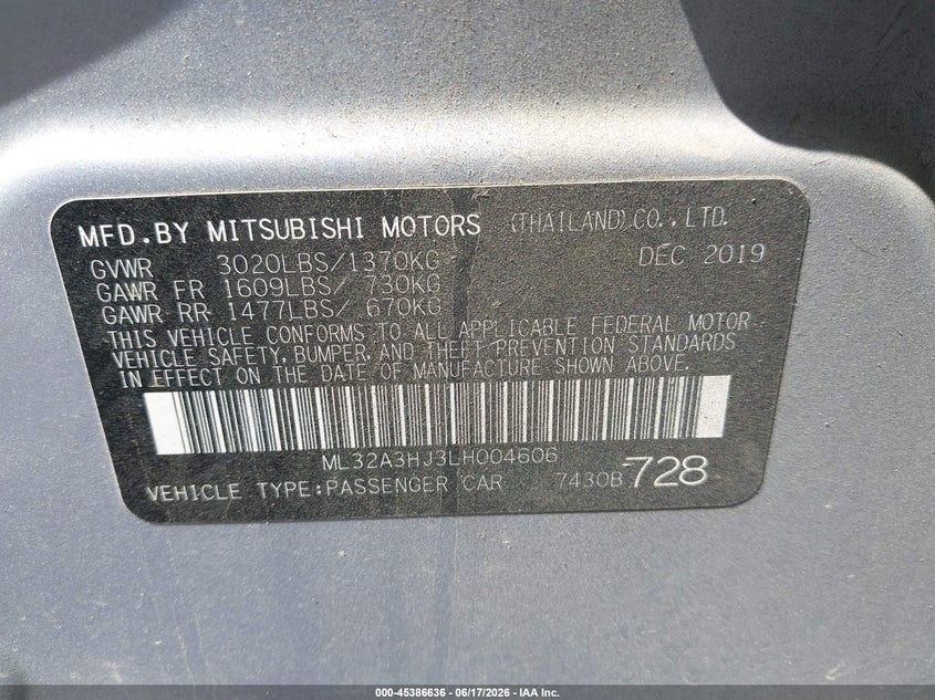 2020 Mitsubishi Mirage VIN ML32A3HJ3LH004606 IAAI salvage auction — FRONT END, Salvage Title, sold $800 on 2026-07-19 (photo 9)