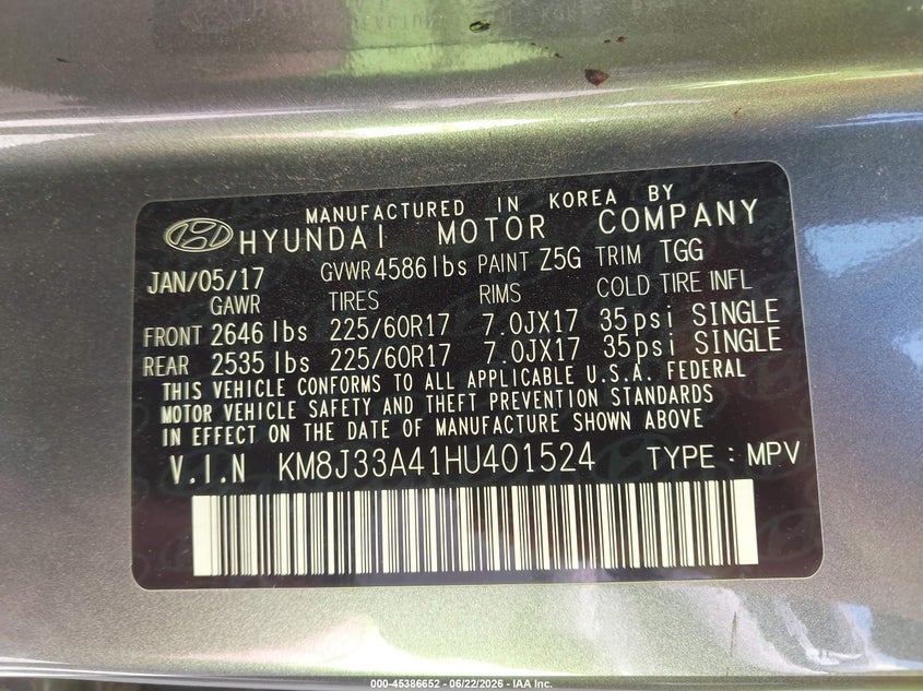 2017 Hyundai Tucson VIN KM8J33A41HU401524 IAAI salvage auction — FRONT END, Salvage (New Mexico), sold $1,100 on 2026-07-29 (photo 9)