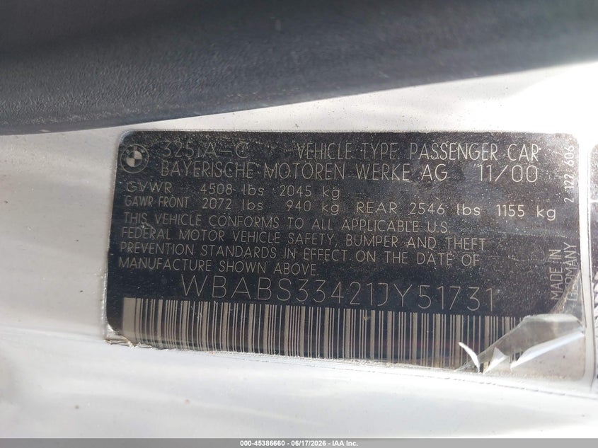 2001 BMW 3 series VIN WBABS33421JY51731 IAAI salvage auction — LEFT FRONT, Salvage (South Carolina), sold $600 on 2026-07-14 (photo 9)