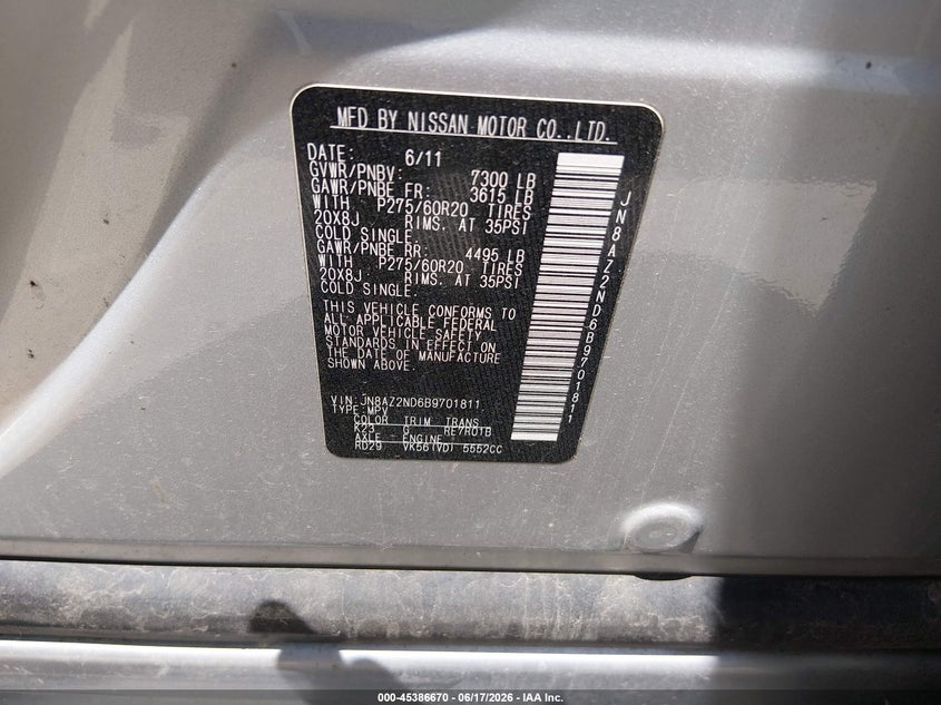 2011 Infiniti Qx56 VIN JN8AZ2ND6B9701811 IAAI salvage auction — NORMAL WEAR, Nrc Lienholder Repossession Paperwork (Texas), sold $1,000 on 2026-07-06 (photo 9)