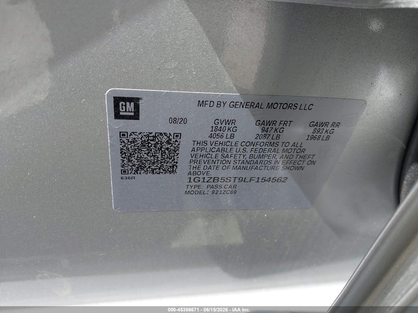 2020 Chevrolet Malibu VIN 1G1ZB5ST9LF154562 IAAI salvage auction — NORMAL WEAR, Clear (California), sold $2,450 on 2026-07-09 (photo 9)