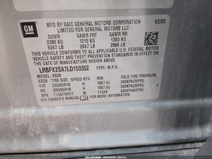 2020 Buick Envision VIN LRBFX2SA7LD150352 IAAI salvage auction — HAIL, Salvage Title, sold $8,100 on 2026-07-22 (photo 9)