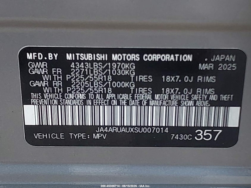 2025 Mitsubishi Outlander VIN JA4ARUAUXSU007014 IAAI salvage auction — FRONT & REAR, Salvage Title, sold $2,650 on 2026-08-19 (photo 9)