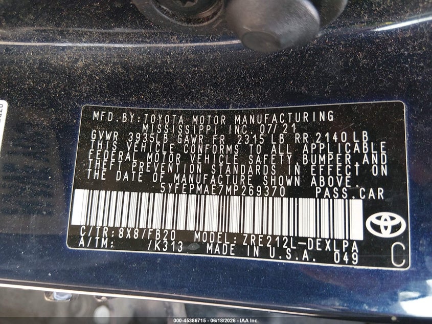 2021 Toyota Corolla VIN 5YFEPMAE7MP269370 IAAI salvage auction — FRONT END, Salvage - Greater Than 75% (Maryland), sold $3,900 on 2026-07-09 (photo 9)