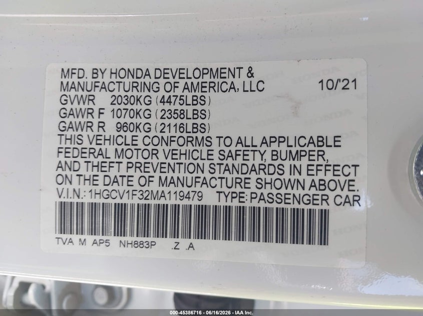 2021 Honda Accord VIN 1HGCV1F32MA119479 IAAI salvage auction — REAR END, Original (Texas), sold $8,400 on 2026-07-29 (photo 9)