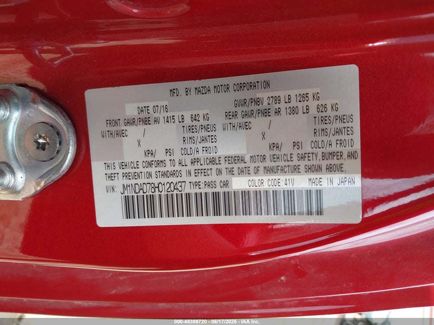 2017 Mazda Mx-5 VIN JM1NDAD78H0120437 IAAI salvage auction — RIGHT SIDE, Mv-907A (New York), sold $4,050 on 2026-07-28 (photo 9)