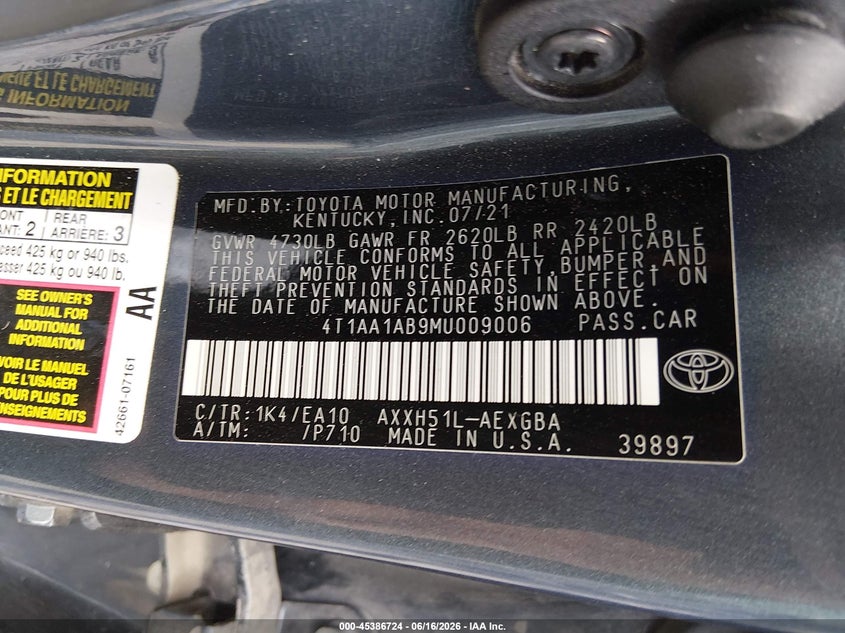 2021 Toyota Avalon VIN 4T1AA1AB9MU009006 IAAI salvage auction — FRONT END, Salvage (Illinois), sold $9,850 on 2026-07-15 (photo 9)