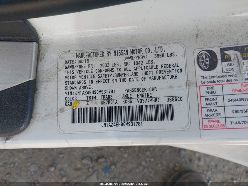 2016 Nissan 370z VIN JN1AZ4EH9GM931781 IAAI salvage auction — STRIPPED, Salvage (California), sold $500 on 2026-07-22 (photo 9)