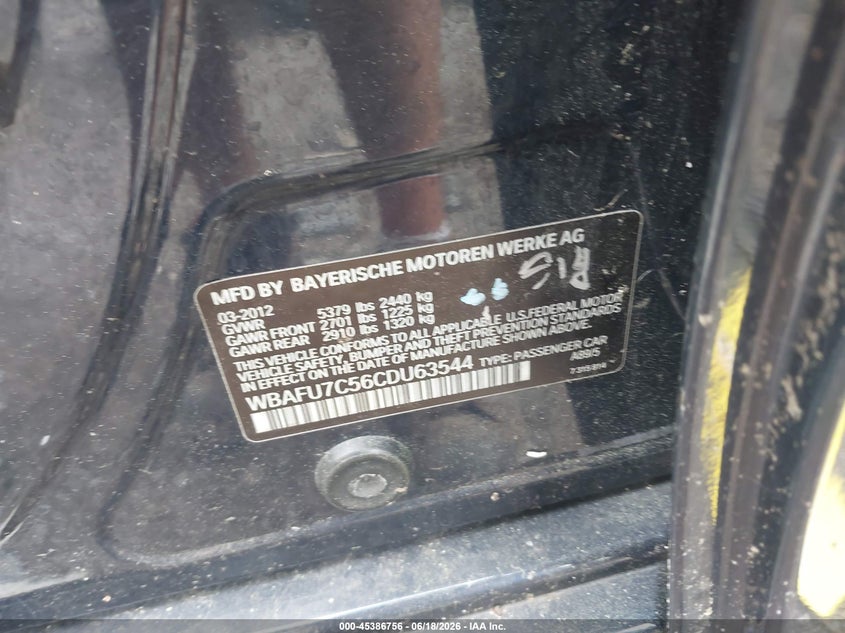 2012 BMW 5er VIN WBAFU7C56CDU63544 IAAI salvage auction — TRANSMISSION, Salvage (Massachusetts), sold $50 on 2026-07-31 (photo 9)