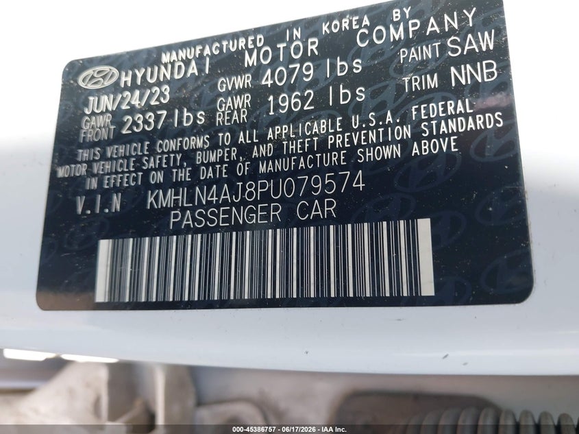 2023 Hyundai Elantra VIN KMHLN4AJ8PU079574 IAAI salvage auction — FRONT END, Salvage (Tennessee), sold $7,600 on 2026-08-01 (photo 9)