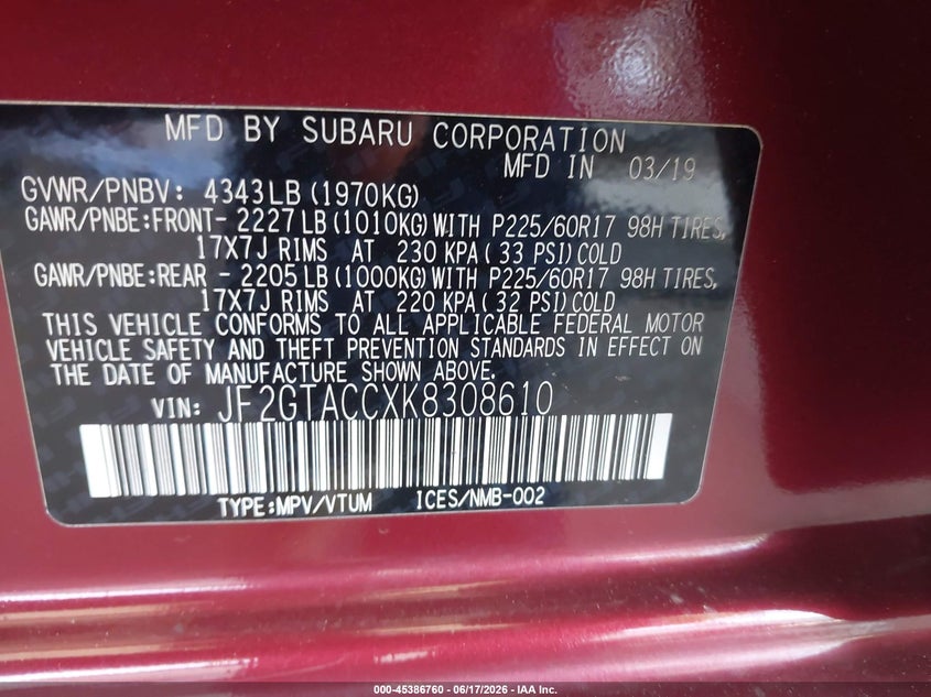 2019 Subaru Xv VIN JF2GTACCXK8308610 IAAI salvage auction — FRONT END, Salvage (California), sold $25 on 2026-07-21 (photo 9)