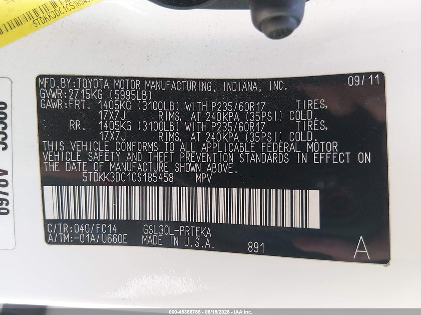 2012 Toyota Sienna VIN 5TDKK3DC1CS185458 IAAI salvage auction — RIGHT FRONT, Salvage (Kansas), sold $1,800 on 2026-07-10 (photo 9)