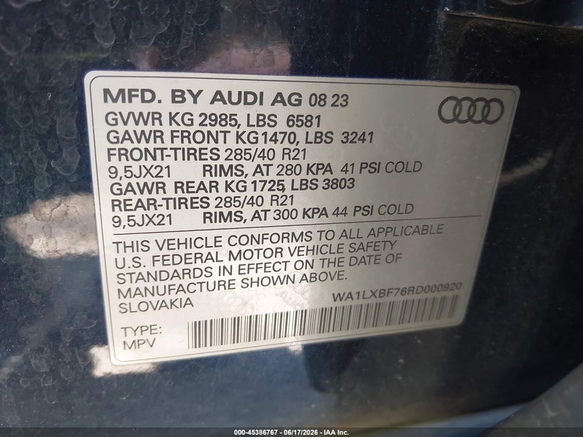 2024 Audi Q7 VIN WA1LXBF76RD000920 IAAI salvage auction — REAR END, Clear (Arkansas), sold $19,800 on 2026-08-01 (photo 9)