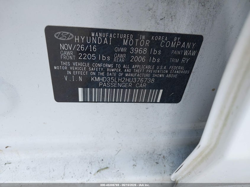 2017 Hyundai Elantra VIN KMHD35LH2HU376738 IAAI salvage auction — NORMAL WEAR, Clear (North Carolina), sold $1,050 on 2026-07-15 (photo 9)