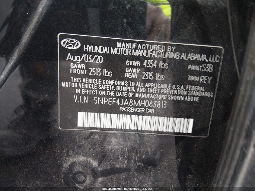 2021 Hyundai Sonata VIN 5NPEF4JA8MH063813 IAAI salvage auction — REAR END, Salvage (Missouri), sold $3,000 on 2026-07-28 (photo 9)