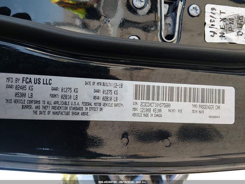 2019 Dodge Charger VIN 2C3CDXCT1KH575680 IAAI salvage auction — RIGHT FRONT, Salvage (California), sold $6,050 on 2026-09-01 (photo 9)