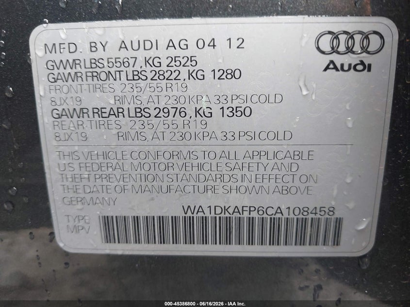 2012 Audi Q5 VIN WA1DKAFP6CA108458 IAAI salvage auction — NORMAL WEAR, Repossession Paperwork (Georgia), sold $550 on 2026-07-23 (photo 9)