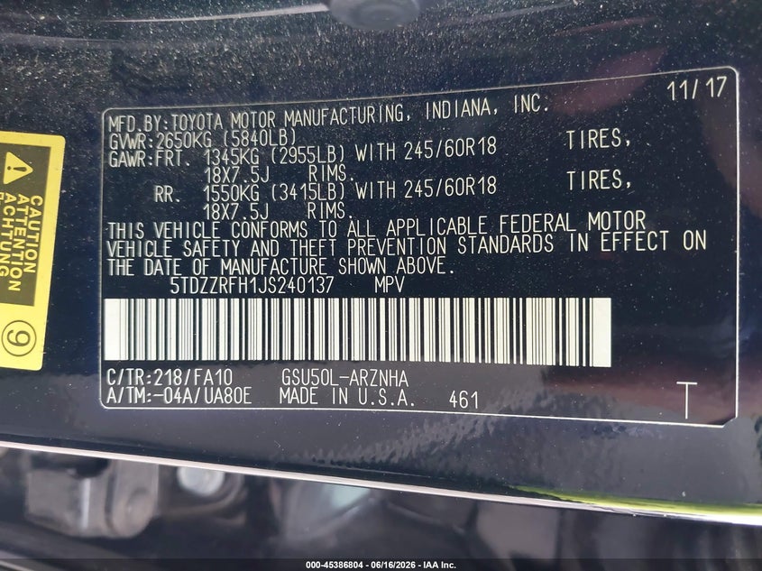 2018 Toyota Highlander VIN 5TDZZRFH1JS240137 IAAI salvage auction — LEFT SIDE, Rebuildable (Florida), sold $5,675 on 2026-08-01 (photo 9)