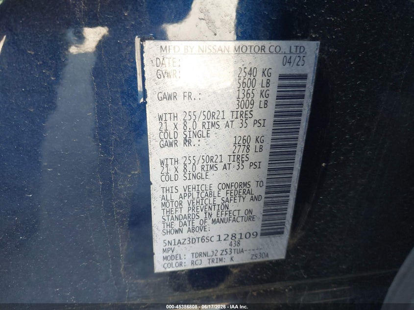 2025 Nissan Murano VIN 5N1AZ3DT6SC128109 IAAI salvage auction — FRONT END, Salvage (Kansas), sold $12,100 on 2026-08-19 (photo 9)