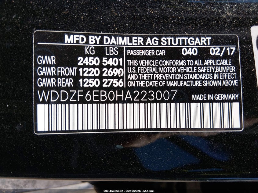 2017 Mercedes-benz VIN WDDZF6EB0HA223007 IAAI salvage auction — UNDERCARRIAGE, Salvage - Greater Than 75% (Maryland), sold $7,800 on 2026-08-05 (photo 9)