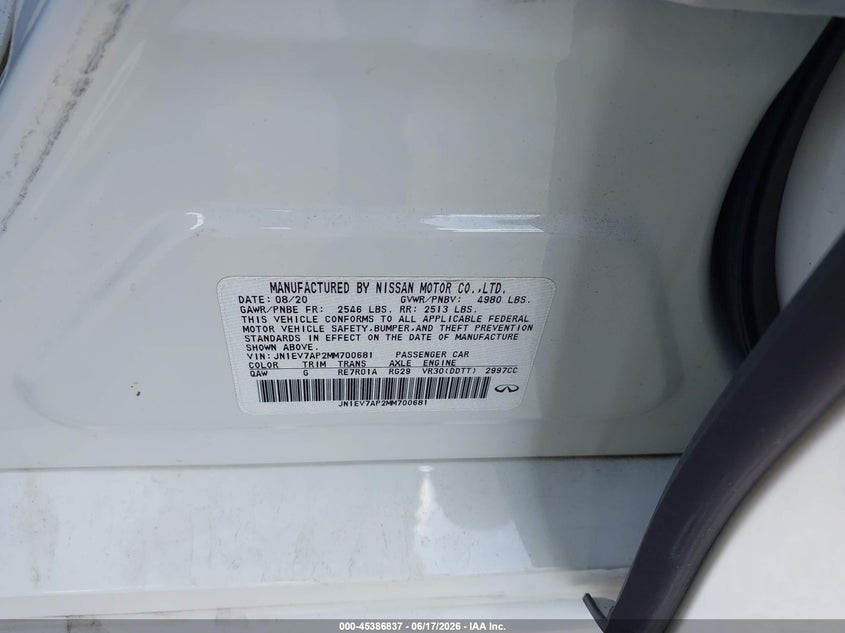 2021 Infiniti Q50 VIN JN1EV7AP2MM700681 IAAI salvage auction — FRONT END, Original (Texas), sold $4,950 on 2026-09-03 (photo 9)