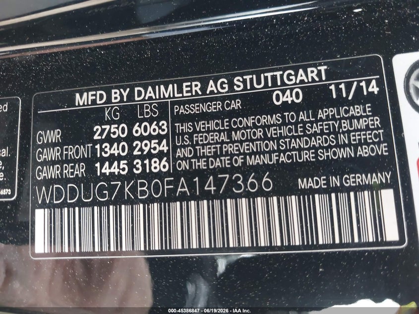 2015 Mercedes-benz S-klasse amg VIN WDDUG7KB0FA147366 IAAI salvage auction — FRONT END, Salvage Title, sold $30,250 on 2026-08-10 (photo 9)